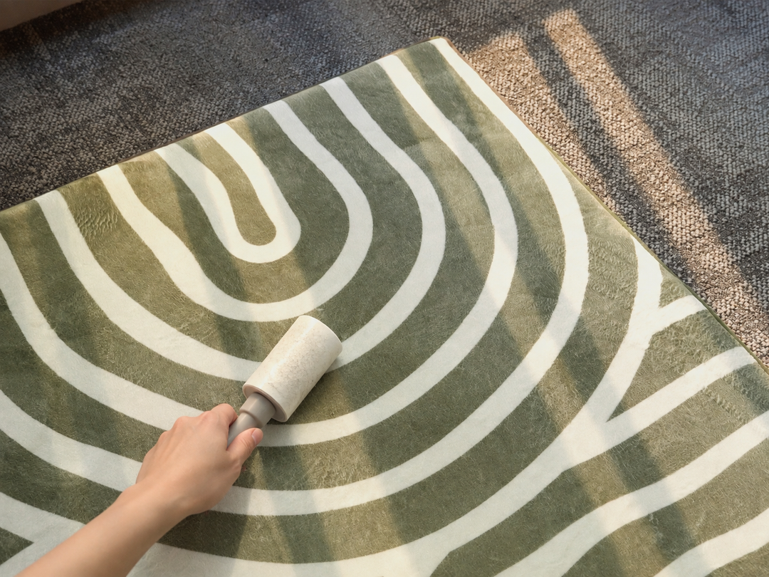 A hand using a lint roller to clean the Lollibly Kaya Plush Playmat.