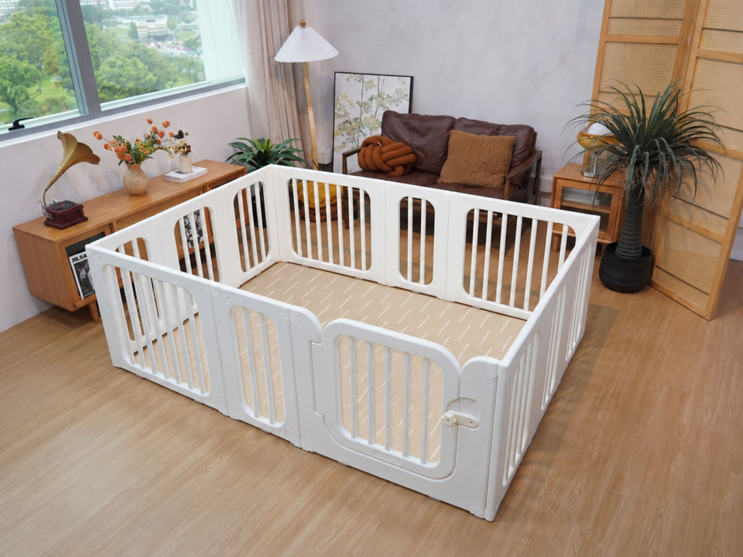 The Lollibly Shortbread Plush Playmat fitted inside the Lollibly Meadow Playpen, creating a cosy play area.