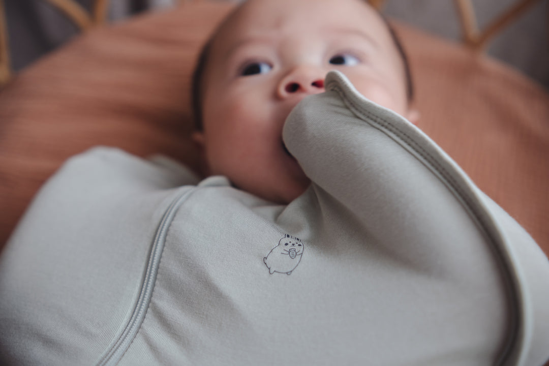 Baby wrapped in a swaddle bag, lying comfortably in a cot