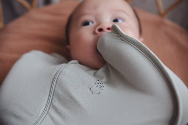 Baby wrapped in a swaddle bag, lying comfortably in a cot