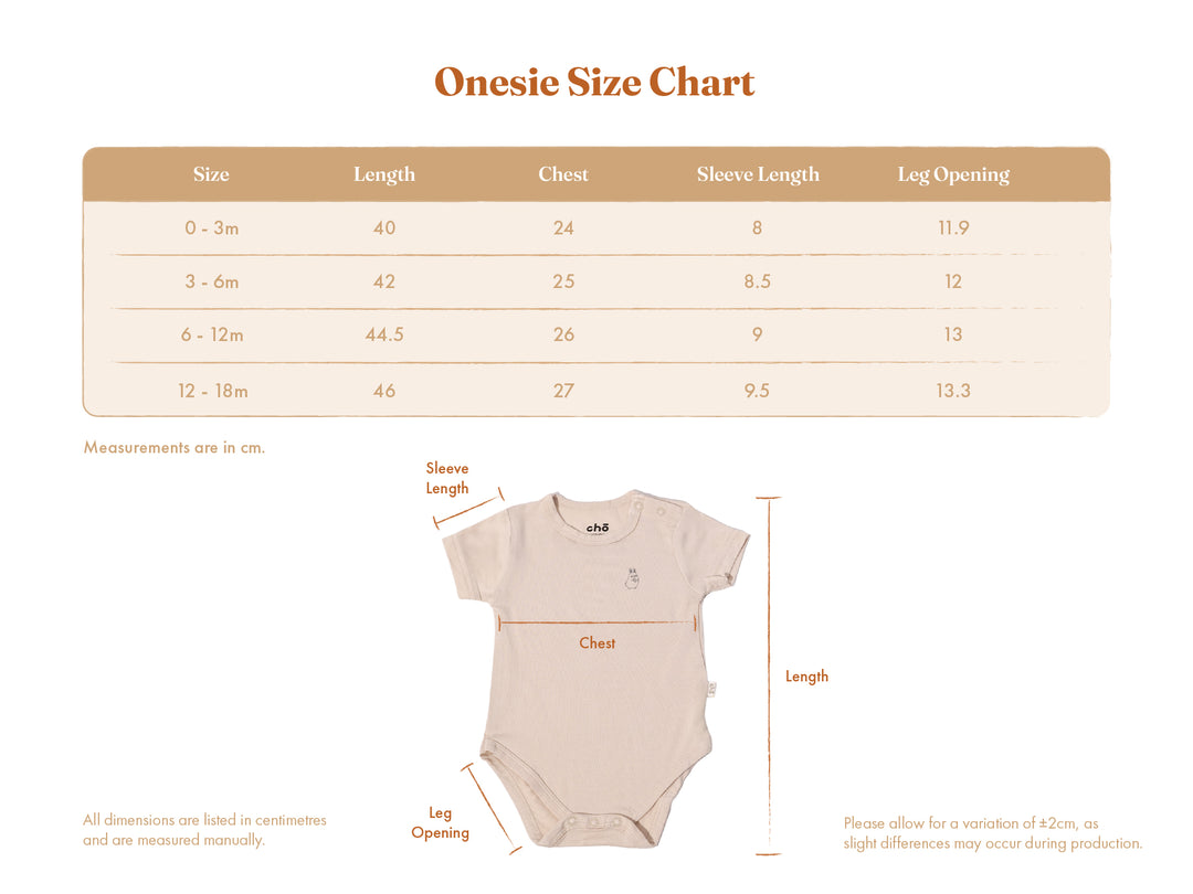 Lollibly Organic Bamboo Short Sleeve Baby Onesie size chart with measurements