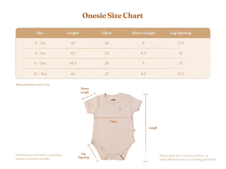 Lollibly Organic Bamboo Short Sleeve Baby Onesie size chart with measurements