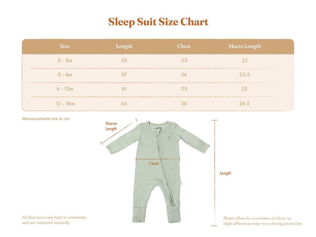 Lollibly Organic Bamboo Long Sleeve Baby Sleep suit size chart with measurements