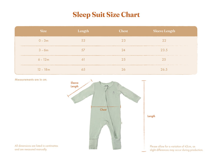 Lollibly Organic Bamboo Long Sleeve Baby Sleep suit size chart with measurements