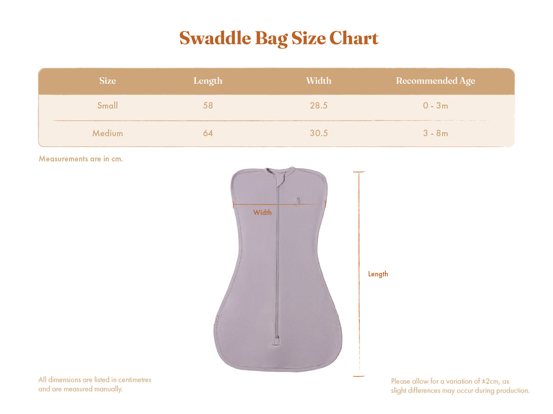 Lollibly Organic Bamboo Baby Zip Swaddle Bag size chart with measurements