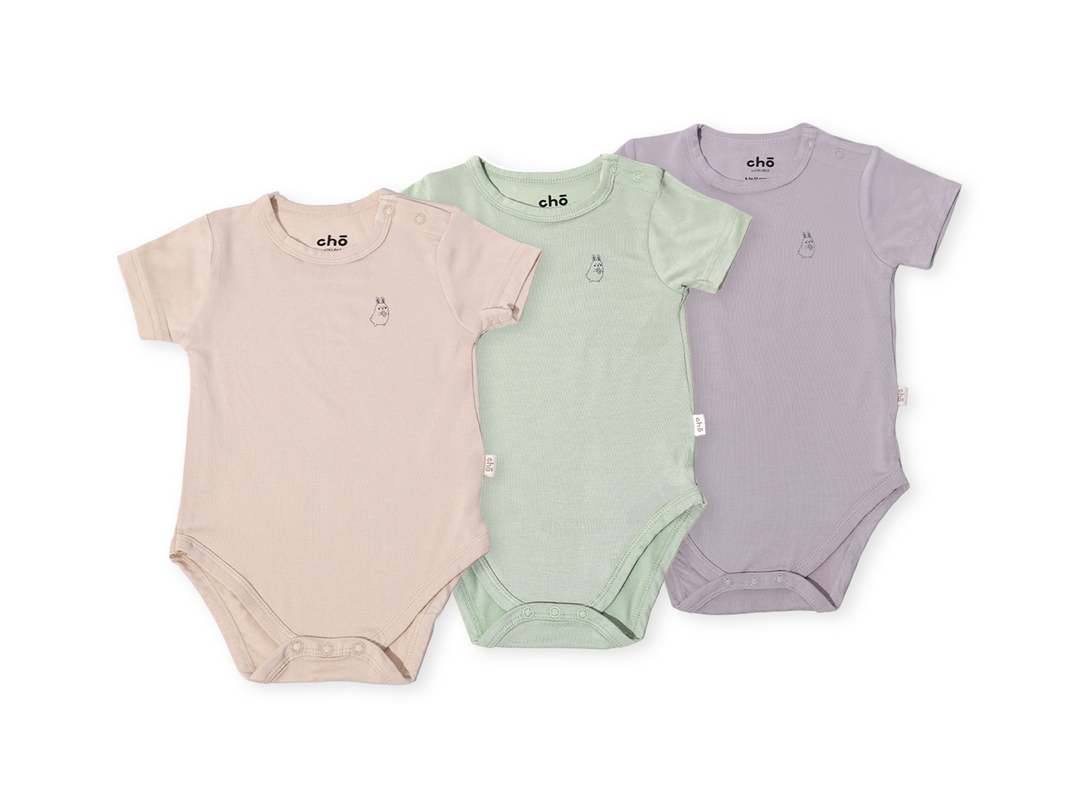 Lollibly Organic Bamboo Short Sleeve Baby Onesie Bundle of Three Beige Sage Lavender