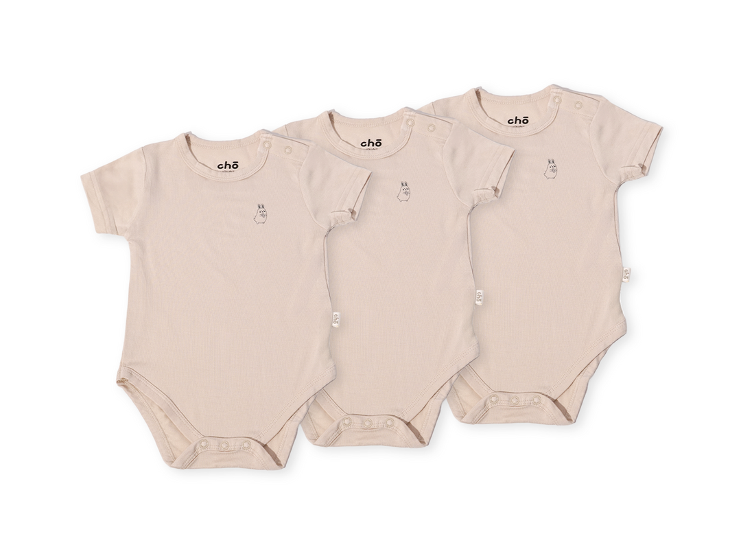 Lollibly Organic Bamboo Short Sleeve Baby Onesie Bundle of Three Sand Beige