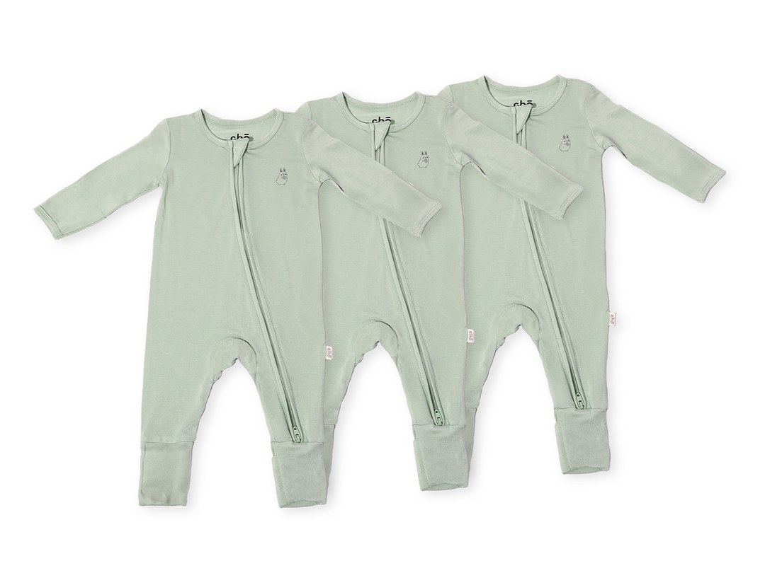 Lollibly Organic Bamboo Long Sleeve Baby Sleep Suit Bundle of Three Sage Light Green