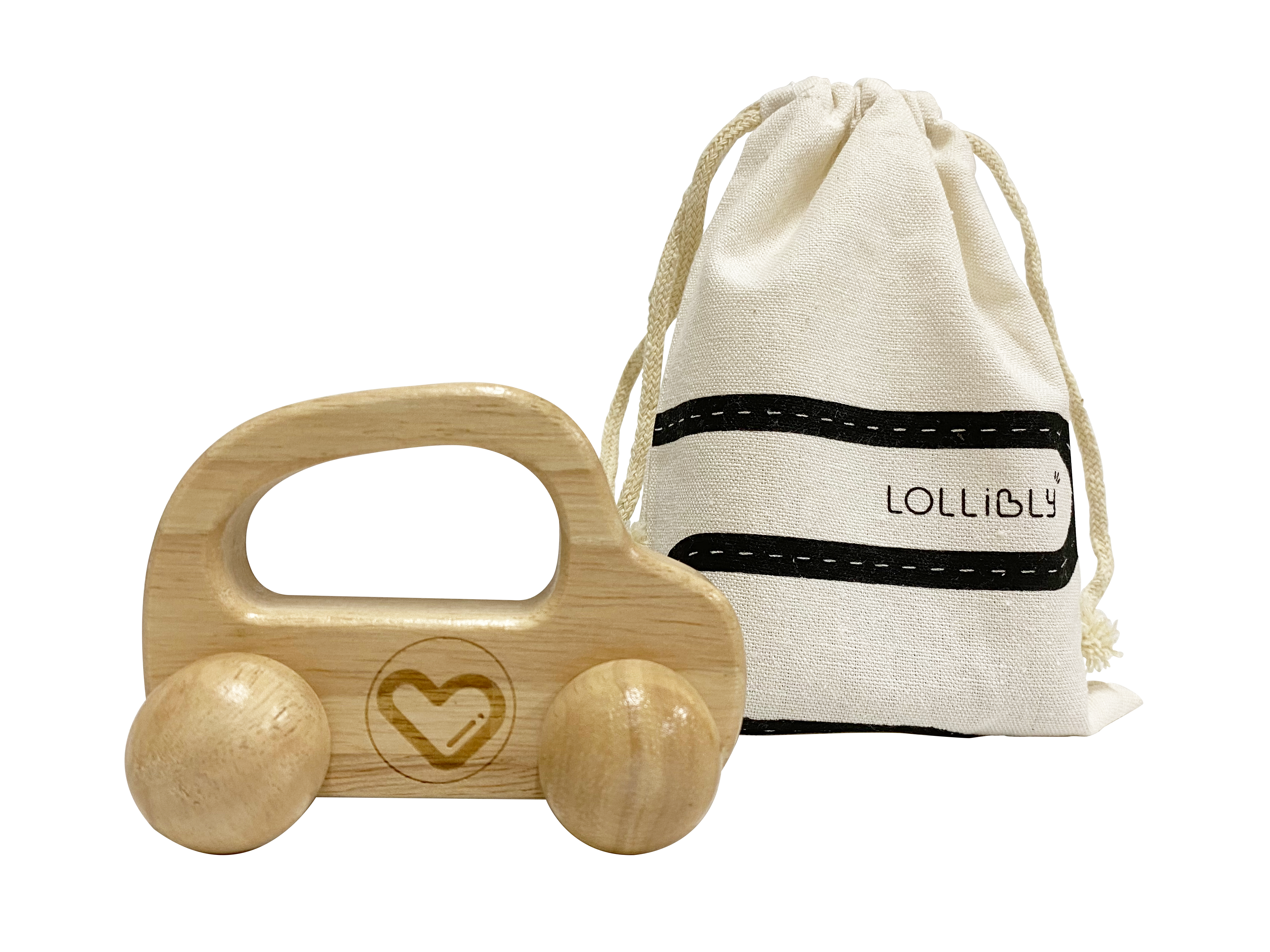 Lollibly Wooden Toy Car & Drawstring Bag